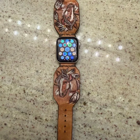 Handpainted Leather Apple Watch Band with Horse Motif - Tan Brown - Picture 3 of 4